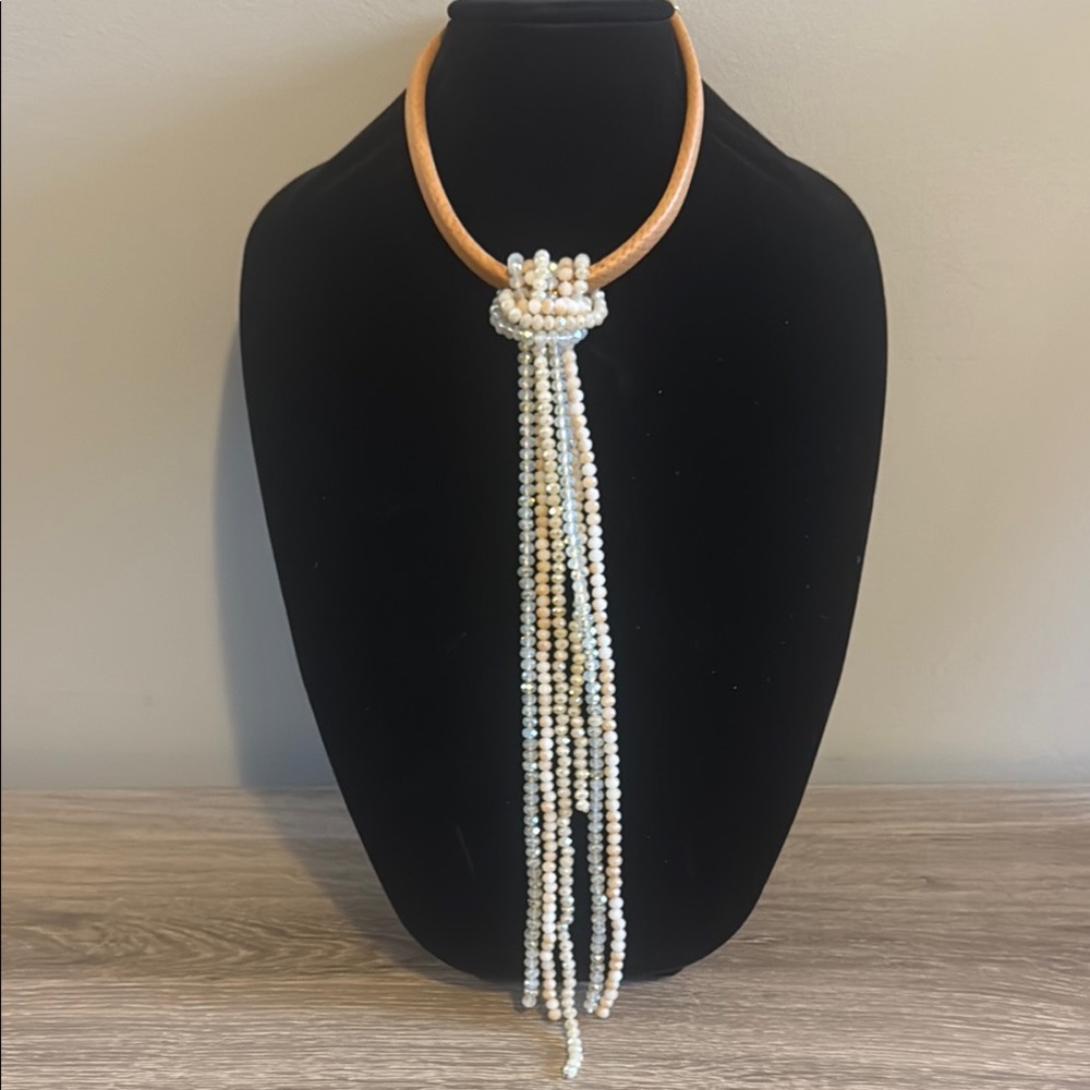 Elegant Crystal & Tan Choker Necklace • Chic Minimalist Style • NWOT